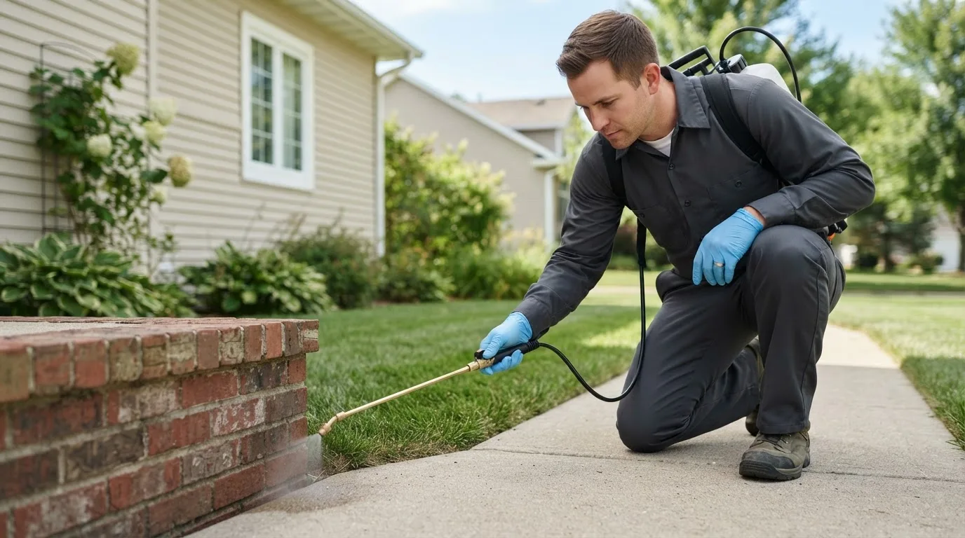 Pest control technician treating a home near Kerens, WV