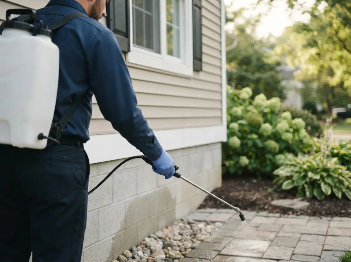 Pest control technician inspecting a home in Kerens, WV